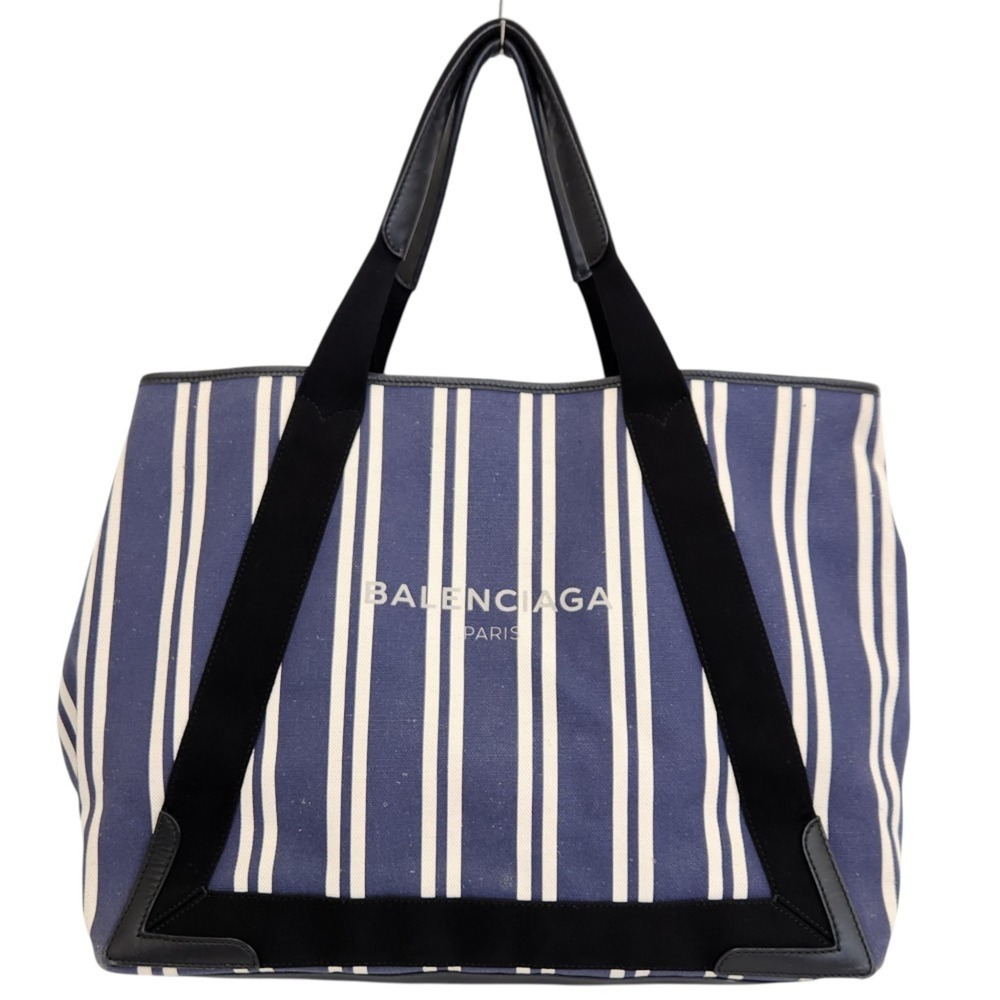 BALENCIAGA Balenciaga Navy Cabas M Striped Canvas Tote Bag 339936 Women's